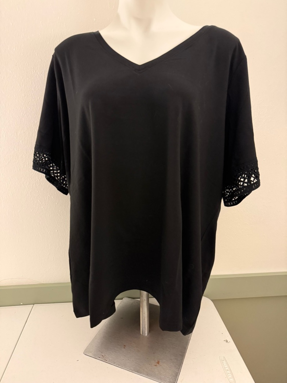 Susan Graver Black V-Neck Short Sleeve Top with Crochet Trim